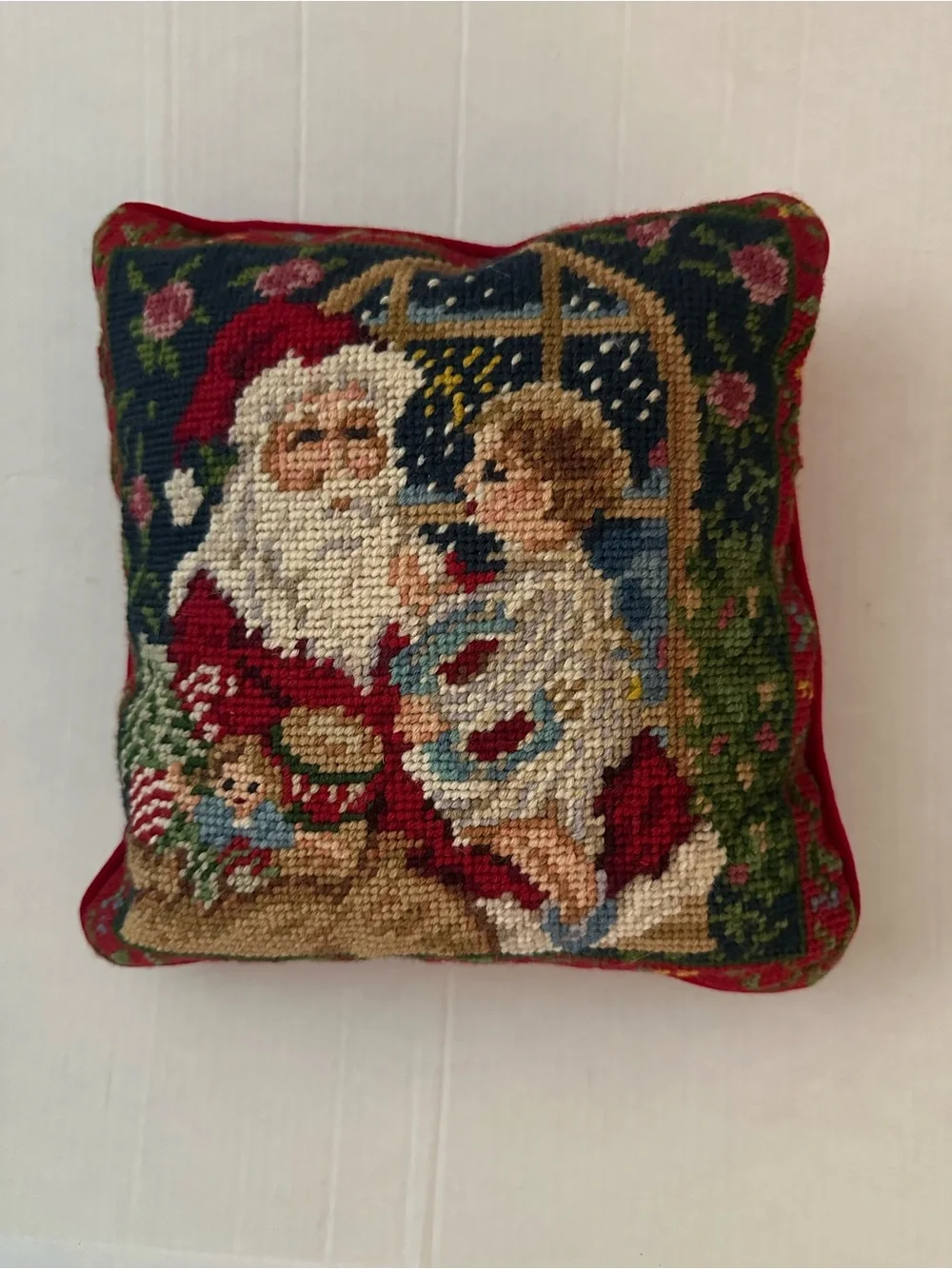 Vintage Christmas Needlepoint Santa Child Cardinal Throw Pillow Red Velvet 14x14
